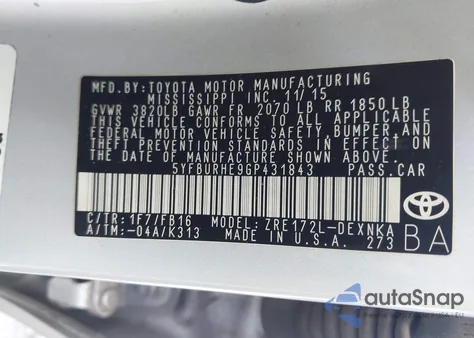 2016 Toyota Corolla Le z USA, uszkodzony, nr VIN 5YFBURHE9GP431843